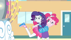 Size: 3410x1920 | Tagged: safe, screencap, pinkie pie, rarity, equestria girls, equestria girls specials, g4, my little pony equestria girls: better together, my little pony equestria girls: rollercoaster of friendship, bracelet, clothes, cutie mark, cutie mark on clothes, female, geode of shielding, hairpin, high res, jewelry, magical geodes, necklace, rarity peplum dress