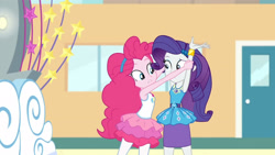 Size: 3410x1920 | Tagged: safe, screencap, pinkie pie, rarity, equestria girls, equestria girls specials, g4, my little pony equestria girls: better together, my little pony equestria girls: rollercoaster of friendship, armpits, arms in the air, bracelet, clothes, cutie mark, cutie mark on clothes, female, geode of shielding, geode of sugar bombs, hairpin, hands in the air, high res, jewelry, magical geodes, necklace, rah rah skirt, rarity peplum dress, skirt