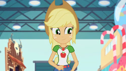 Size: 3410x1920 | Tagged: safe, screencap, applejack, equestria girls, equestria girls specials, g4, my little pony equestria girls: better together, my little pony equestria girls: rollercoaster of friendship, applejack's hat, belt, clothes, cowboy hat, cutie mark, cutie mark on clothes, denim skirt, female, geode of super strength, hat, high res, jewelry, magical geodes, necklace, skirt, smiling, solo