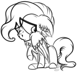 Size: 1138x1072 | Tagged: safe, artist:beamybutt, oc, oc only, pegasus, pony, ear fluff, floppy ears, lineart, male, monochrome, pegasus oc, raised hoof, signature, simple background, solo, stallion, white background, wings
