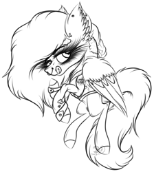 Size: 2230x2491 | Tagged: safe, artist:beamybutt, oc, oc only, pegasus, pony, bedroom eyes, cuffs (clothes), ear fluff, ear piercing, eyelashes, female, high res, licking, licking lips, lineart, mare, monochrome, pegasus oc, piercing, signature, simple background, solo, tongue out, white background, wings
