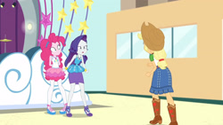 Size: 3410x1920 | Tagged: safe, screencap, applejack, pinkie pie, rarity, equestria girls, equestria girls specials, g4, my little pony equestria girls: better together, my little pony equestria girls: rollercoaster of friendship, applejack's hat, belt, boots, clothes, cowboy boots, cowboy hat, cutie mark, cutie mark on clothes, denim skirt, female, geode of shielding, geode of sugar bombs, hat, high heels, high res, jewelry, magical geodes, necklace, open mouth, rarity peplum dress, shoes, skirt