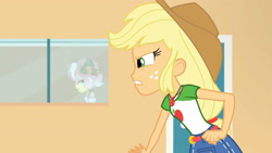 Size: 3410x1920 | Tagged: safe, screencap, applejack, vignette valencia, equestria girls, equestria girls specials, g4, my little pony equestria girls: better together, my little pony equestria girls: rollercoaster of friendship, applejack's hat, belt, clothes, cowboy hat, cutie mark, cutie mark on clothes, denim skirt, female, geode of super strength, hat, high res, jewelry, magical geodes, necklace, skirt