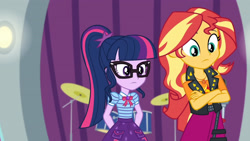 Size: 3410x1920 | Tagged: safe, screencap, sci-twi, sunset shimmer, twilight sparkle, equestria girls, equestria girls specials, g4, my little pony equestria girls: better together, my little pony equestria girls: rollercoaster of friendship, bowtie, clothes, cutie mark, cutie mark on clothes, drums, female, geode of empathy, geode of telekinesis, glasses, high res, jacket, jewelry, leather, leather jacket, magical geodes, musical instrument, necklace, ponytail
