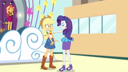 Size: 3410x1920 | Tagged: safe, screencap, applejack, rarity, sunset shimmer, equestria girls, equestria girls specials, g4, my little pony equestria girls: better together, my little pony equestria girls: rollercoaster of friendship, applejack's hat, belt, clothes, cowboy hat, cutie mark, cutie mark on clothes, denim skirt, drums, eyes closed, female, geode of empathy, hairpin, hat, high heels, high res, jacket, jewelry, leather, leather jacket, magical geodes, musical instrument, necklace, rarity peplum dress, shoes, skirt