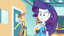 Size: 3410x1920 | Tagged: safe, screencap, rarity, vignette valencia, equestria girls, equestria girls specials, g4, my little pony equestria girls: better together, my little pony equestria girls: rollercoaster of friendship, female, geode of shielding, hairpin, high res, magical geodes, rarity peplum dress, smiling