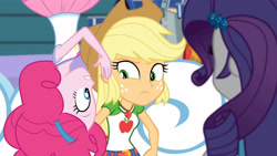 Size: 3410x1920 | Tagged: safe, screencap, applejack, pinkie pie, rarity, equestria girls, equestria girls specials, g4, my little pony equestria girls: better together, my little pony equestria girls: rollercoaster of friendship, applejack's hat, belt, clothes, cowboy hat, cutie mark, cutie mark on clothes, denim skirt, drums, female, geode of sugar bombs, geode of super strength, hairpin, hat, high res, jewelry, magical geodes, musical instrument, necklace, rarity peplum dress, skirt, tank top