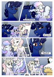 Size: 2100x3000 | Tagged: safe, artist:loryska, prince blueblood, oc, oc:indigo sky, oc:ipomoea (loryska), oc:marshmallow kiss, pony, unicorn, comic:friendship grows, g4, female, filly, high res, magical lesbian spawn, male, mare, offspring, parent:trixie, parent:twilight sparkle, parents:twixie, stallion