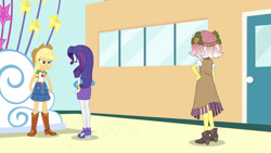 Size: 3410x1920 | Tagged: safe, screencap, applejack, rarity, vignette valencia, equestria girls, equestria girls specials, g4, my little pony equestria girls: better together, my little pony equestria girls: rollercoaster of friendship, applejack's hat, belt, boots, bracelet, clothes, cowboy boots, cowboy hat, cutie mark, cutie mark on clothes, denim skirt, female, geode of super strength, hairpin, hand on hip, hat, high res, jewelry, magical geodes, necklace, rarity peplum dress, shoes, skirt