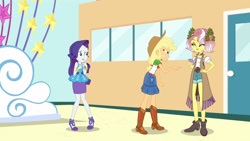 Size: 3410x1920 | Tagged: safe, screencap, applejack, rarity, vignette valencia, equestria girls, equestria girls specials, g4, my little pony equestria girls: better together, my little pony equestria girls: rollercoaster of friendship, applejack's hat, belt, boots, bracelet, clothes, cowboy boots, cowboy hat, cutie mark, cutie mark on clothes, denim skirt, female, geode of super strength, hairpin, hat, high res, jewelry, magical geodes, necklace, open mouth, rarity peplum dress, shoes, skirt, smiling