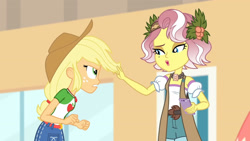 Size: 3410x1920 | Tagged: safe, screencap, applejack, vignette valencia, equestria girls, equestria girls specials, g4, my little pony equestria girls: better together, my little pony equestria girls: rollercoaster of friendship, applejack's hat, belt, cellphone, clothes, cowboy hat, cutie mark, cutie mark on clothes, denim skirt, female, geode of super strength, hat, high res, jewelry, magical geodes, necklace, open mouth, phone, skirt, smartphone