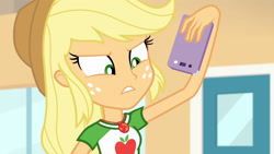 Size: 3410x1920 | Tagged: safe, screencap, applejack, equestria girls, equestria girls specials, g4, my little pony equestria girls: better together, my little pony equestria girls: rollercoaster of friendship, applejack's hat, cellphone, clothes, cowboy hat, cutie mark, cutie mark on clothes, female, geode of super strength, hat, high res, jewelry, magical geodes, necklace, phone, smartphone, solo