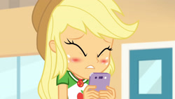 Size: 3410x1920 | Tagged: safe, screencap, applejack, equestria girls, equestria girls specials, g4, my little pony equestria girls: better together, my little pony equestria girls: rollercoaster of friendship, applejack's hat, blushing, cellphone, clothes, cowboy hat, cutie mark, cutie mark on clothes, eyes closed, female, geode of super strength, hat, high res, jewelry, magical geodes, necklace, phone, smartphone, solo