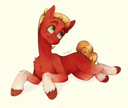 Size: 3200x2700 | Tagged: safe, artist:petukh3, sprout cloverleaf, earth pony, pony, g5, my little pony: a new generation, coat markings, cute, high res, looking offscreen, lying down, male, simple background, smiling, socks (coat markings), solo, sproutbetes, stallion, unshorn fetlocks, yellow background