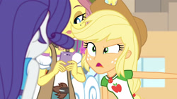 Size: 3410x1920 | Tagged: safe, screencap, applejack, rarity, vignette valencia, equestria girls, equestria girls specials, g4, my little pony equestria girls: better together, my little pony equestria girls: rollercoaster of friendship, applejack's hat, cellphone, cowboy hat, female, geode of shielding, geode of super strength, hat, high res, jewelry, magical geodes, necklace, open mouth, phone, rarity peplum dress, smartphone