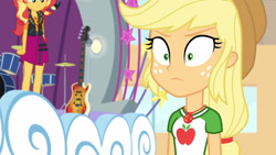 Size: 3410x1920 | Tagged: safe, screencap, applejack, sunset shimmer, equestria girls, equestria girls specials, g4, my little pony equestria girls: better together, my little pony equestria girls: rollercoaster of friendship, applejack's hat, bass guitar, clothes, cowboy hat, cutie mark, cutie mark on clothes, drums, female, geode of empathy, geode of super strength, hat, high res, jacket, jewelry, leather, leather jacket, magical geodes, musical instrument, necklace, shrunken pupils