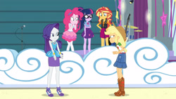 Size: 3410x1920 | Tagged: safe, screencap, applejack, pinkie pie, rarity, sci-twi, sunset shimmer, twilight sparkle, equestria girls, equestria girls specials, g4, my little pony equestria girls: better together, my little pony equestria girls: rollercoaster of friendship, applejack's hat, bass guitar, bowtie, bracelet, clothes, cowboy hat, cutie mark, cutie mark on clothes, denim skirt, drums, female, geode of empathy, geode of shielding, geode of sugar bombs, geode of super strength, geode of telekinesis, glasses, hairpin, hat, high heels, high res, jacket, jewelry, leather, leather jacket, magical geodes, musical instrument, necklace, open mouth, ponytail, rarity peplum dress, shoes, skirt, tank top