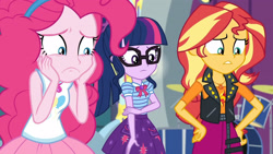 Size: 3410x1920 | Tagged: safe, screencap, pinkie pie, sci-twi, sunset shimmer, twilight sparkle, equestria girls, equestria girls specials, g4, my little pony equestria girls: better together, my little pony equestria girls: rollercoaster of friendship, bowtie, clothes, cutie mark, cutie mark on clothes, drums, female, geode of empathy, geode of sugar bombs, geode of telekinesis, glasses, hand on hip, high res, jacket, jewelry, leather, leather jacket, magical geodes, musical instrument, necklace, ponytail, tank top