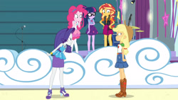 Size: 3410x1920 | Tagged: safe, screencap, applejack, pinkie pie, rarity, sci-twi, sunset shimmer, twilight sparkle, equestria girls, equestria girls specials, g4, my little pony equestria girls: better together, my little pony equestria girls: rollercoaster of friendship, angry, applejack's hat, bass guitar, belt, boots, bowtie, clothes, cowboy boots, cowboy hat, cutie mark, cutie mark on clothes, denim skirt, drums, female, geode of empathy, geode of shielding, geode of sugar bombs, geode of super strength, geode of telekinesis, glasses, hand on hip, hat, high heels, high res, jacket, jewelry, leather, leather jacket, magical geodes, musical instrument, necklace, ponytail, rah rah skirt, rarity peplum dress, shoes, skirt, tank top