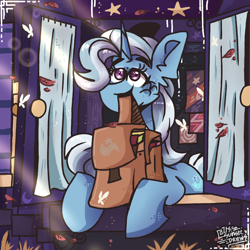 Size: 2000x2000 | Tagged: safe, artist:its-sunsetdraws, trixie, pony, unicorn, g4, bag, high res, mouth hold, saddle bag, scene interpretation, smiling, to saddlebags and back again, trixie's wagon