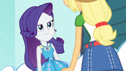 Size: 3410x1920 | Tagged: safe, screencap, applejack, rarity, equestria girls, equestria girls specials, g4, my little pony equestria girls: better together, my little pony equestria girls: rollercoaster of friendship, applejack's hat, belt, clothes, cowboy hat, denim skirt, female, geode of shielding, hairpin, hat, high res, magical geodes, rarity peplum dress, skirt