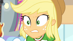 Size: 3410x1920 | Tagged: safe, screencap, applejack, equestria girls, equestria girls specials, g4, my little pony equestria girls: better together, my little pony equestria girls: rollercoaster of friendship, angry, applejack's hat, cowboy hat, female, hat, high res, jewelry, necklace, solo