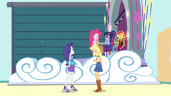 Size: 3410x1920 | Tagged: safe, screencap, applejack, pinkie pie, rarity, sci-twi, sunset shimmer, twilight sparkle, equestria girls, equestria girls specials, g4, my little pony equestria girls: better together, my little pony equestria girls: rollercoaster of friendship, applejack's hat, belt, bowtie, clothes, cowboy hat, cutie mark, cutie mark on clothes, denim skirt, female, geode of empathy, geode of shielding, geode of sugar bombs, geode of super strength, geode of telekinesis, glasses, hat, high heels, high res, jacket, leather, leather jacket, magical geodes, open mouth, ponytail, rarity peplum dress, shocked, shocked expression, shoes, skirt, tank top