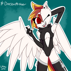 Size: 1280x1280 | Tagged: safe, artist:ukedideka, oc, oc only, oc:lumen afterglow, pegasus, anthro, clothes, eye clipping through hair, female, leotard, looking at you, peace sign, pegasus oc, piercing, simple background, smiling, smiling at you, socks, solo, spread wings, thigh highs, wings