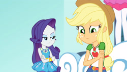 Size: 3410x1920 | Tagged: safe, screencap, applejack, pinkie pie, rarity, equestria girls, equestria girls specials, g4, my little pony equestria girls: better together, my little pony equestria girls: rollercoaster of friendship, applejack's hat, belt, bracelet, clothes, cowboy hat, crossed arms, crying, denim skirt, female, geode of shielding, geode of super strength, hairpin, hat, high res, jewelry, magical geodes, necklace, rarity is not amused, rarity peplum dress, sad, skirt, unamused