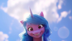 Size: 3840x2160 | Tagged: safe, edit, edited screencap, screencap, izzy moonbow, pony, unicorn, g5, my little pony: a new generation, spoiler:my little pony: a new generation, 4k, beautiful, cloud, cute, female, high res, izzybetes, looking at you, mare, sky, smiling, smiling at you, solo, upscaled, wallpaper
