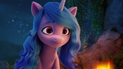 Size: 3840x2160 | Tagged: safe, edit, edited screencap, screencap, izzy moonbow, pony, unicorn, g5, my little pony: a new generation, spoiler:my little pony: a new generation, 4k, beautiful, cute, female, fire, high res, izzybetes, looking at you, mare, night, sky, smiling, solo, stars, upscaled, wallpaper