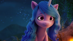 Size: 3840x2160 | Tagged: safe, edit, edited screencap, screencap, izzy moonbow, pony, unicorn, g5, my little pony: a new generation, spoiler:my little pony: a new generation, 4k, beautiful, cute, female, fire, high res, izzybetes, looking at you, mare, night, sky, smiling, solo, stars, upscaled, wallpaper