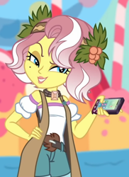 Size: 1124x1544 | Tagged: safe, edit, edited screencap, screencap, vignette valencia, equestria girls, equestria girls series, g4, rollercoaster of friendship, beauty mark, cellphone, clothes, cropped, female, flower, flower in hair, hand on hip, holly, phone, shorts, smartphone, smiling, solo
