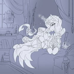 Size: 2000x2000 | Tagged: safe, artist:twotail813, rarity, pony, unicorn, g4, clothes, eyebrows, eyebrows visible through hair, female, high res, magic, magic aura, mare, monochrome, sketch, smiling, solo, telekinesis