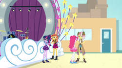 Size: 3410x1920 | Tagged: safe, screencap, pinkie pie, sci-twi, sunset shimmer, twilight sparkle, vignette valencia, equestria girls, equestria girls specials, g4, my little pony equestria girls: better together, my little pony equestria girls: rollercoaster of friendship, bowtie, clothes, cutie mark, cutie mark on clothes, female, geode of empathy, geode of telekinesis, glasses, high res, jacket, jewelry, leather, leather jacket, magical geodes, necklace, ponytail, tank top