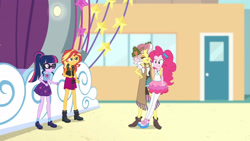 Size: 3410x1920 | Tagged: safe, screencap, pinkie pie, sci-twi, sunset shimmer, twilight sparkle, vignette valencia, equestria girls, equestria girls specials, g4, my little pony equestria girls: better together, my little pony equestria girls: rollercoaster of friendship, bowtie, clothes, cutie mark, cutie mark on clothes, female, geode of empathy, geode of sugar bombs, geode of telekinesis, glasses, high res, jacket, jewelry, leather, leather jacket, magical geodes, necklace, ponytail, tank top