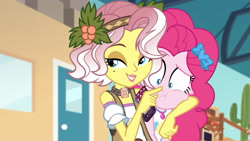 Size: 3410x1920 | Tagged: safe, screencap, pinkie pie, vignette valencia, equestria girls, equestria girls series, g4, rollercoaster of friendship, boop, clothes, cutie mark, cutie mark on clothes, female, geode of sugar bombs, high res, jewelry, magical geodes, necklace, noseboop, smiling, tank top