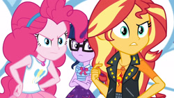 Size: 3410x1920 | Tagged: safe, screencap, pinkie pie, sci-twi, sunset shimmer, twilight sparkle, equestria girls, equestria girls specials, g4, my little pony equestria girls: better together, my little pony equestria girls: rollercoaster of friendship, bowtie, clothes, crossed arms, cutie mark, cutie mark on clothes, female, geode of empathy, geode of sugar bombs, geode of telekinesis, glasses, high res, jacket, jewelry, leather, leather jacket, magical geodes, necklace, ponytail, tank top