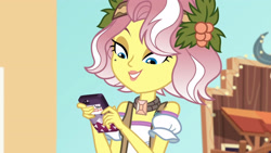 Size: 3410x1920 | Tagged: safe, screencap, vignette valencia, equestria girls, equestria girls specials, g4, my little pony equestria girls: better together, my little pony equestria girls: rollercoaster of friendship, cellphone, female, high res, phone, smartphone, smiling, solo