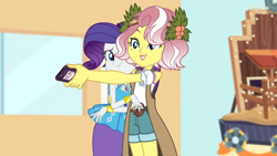Size: 3410x1920 | Tagged: safe, screencap, rarity, vignette valencia, equestria girls, equestria girls specials, g4, my little pony equestria girls: better together, my little pony equestria girls: rollercoaster of friendship, bracelet, cellphone, female, geode of shielding, high res, jewelry, magical geodes, phone, rarity peplum dress, smartphone, smiling