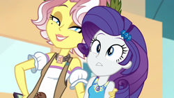 Size: 3410x1920 | Tagged: safe, screencap, rarity, vignette valencia, equestria girls, equestria girls specials, g4, my little pony equestria girls: better together, my little pony equestria girls: rollercoaster of friendship, cellphone, female, geode of shielding, hairpin, hand on shoulder, high res, magical geodes, phone, rarity peplum dress, smartphone, smiling