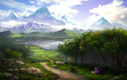 Size: 1280x805 | Tagged: safe, artist:zetamad, twilight sparkle, pony, unicorn, g4, book, cloud, female, forest, grass, lake, mare, mountain, outdoors, scenery, scenery focus, scenery porn, sign, solo, tree