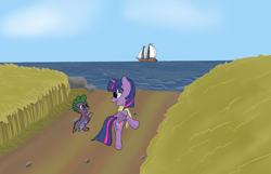 Size: 2230x1433 | Tagged: safe, artist:aklesswift, spike, twilight sparkle, alicorn, dragon, pony, g4, boat, cloud, day, eye contact, folded wings, happy, horn, looking at each other, ocean, open mouth, open smile, road, ship, sky, smiling, talking, twilight sparkle (alicorn), walking, wings