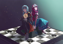 Size: 4396x3077 | Tagged: artist needed, source needed, safe, cozy glow, princess flurry heart, human, g4, checkers, chess piece, chessboard, digital painting, female, gradient background, holding hands, humanized, lesbian, older, older cozy glow, older flurry heart, ship:cozyheart, shipping, sitting