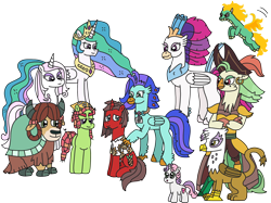Size: 2588x1932 | Tagged: safe, artist:supahdonarudo, captain celaeno, fleur-de-lis, gilda, princess celestia, queen novo, sweetie belle, tianhuo (tfh), tree hugger, yona, oc, oc:ironyoshi, oc:sea lilly, alicorn, avian, classical hippogriff, dragon, earth pony, griffon, hippogriff, hybrid, longma, parrot pirates, pony, unicorn, yak, them's fightin' herds, g4, my little pony: the movie, bandana, camera, clothes, community related, crystal pegleg, happy birthday mlp:fim, hoof on shoulder, jewelry, mlp fim's eleventh anniversary, monkey swings, necklace, pirate, shirt, simple background, transparent background