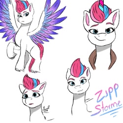 Size: 1000x1000 | Tagged: safe, artist:marolf_loup, zipp storm, pegasus, pony, g5, my little pony: a new generation, feathered wings, looking at you, smiling, solo, spread wings, wings