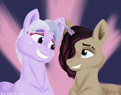 Size: 2400x1886 | Tagged: safe, artist:rockhoppr3, ivory cedar, jasper, earth pony, pony, unicorn, g5, my little pony: a new generation, gay, hair over one eye, jaspercedar, looking at each other, makeup, male, stallion