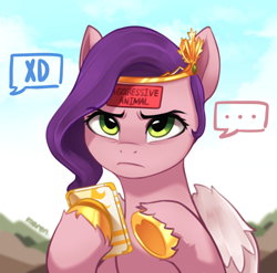 Size: 1804x1781 | Tagged: safe, artist:maren, pipp petals, pegasus, pony, g5, my little pony: a new generation, ..., aggressive, angry, cellphone, colored hooves, female, gold hooves, hoof heart, hooves, looking at you, mare, offscreen character, phone, pipp petals is not amused, smartphone, solo, sticker on forehead, underhoof, xd