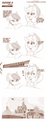 Size: 960x2514 | Tagged: safe, artist:jcosneverexisted, apple bloom, applejack, big macintosh, earth pony, pony, g4, going to seed, dialogue, duo, el chavo del 8, eyelashes, female, filly, mare, season 9 doodles, sitting, text, three quarter view