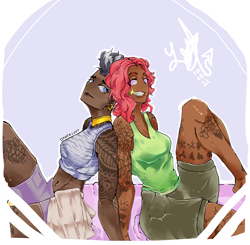 Size: 2480x2428 | Tagged: safe, artist:dantalust, tree hugger, zecora, human, g4, alternate hairstyle, barefoot, belly button, clothes, dark skin, duo, ear piercing, earring, eyebrow piercing, feet, female, grin, high res, humanized, jewelry, lip piercing, midriff, neck rings, nose piercing, nose ring, piercing, shorts, skirt, smiling, sports bra, sports shorts, tank top, tattoo